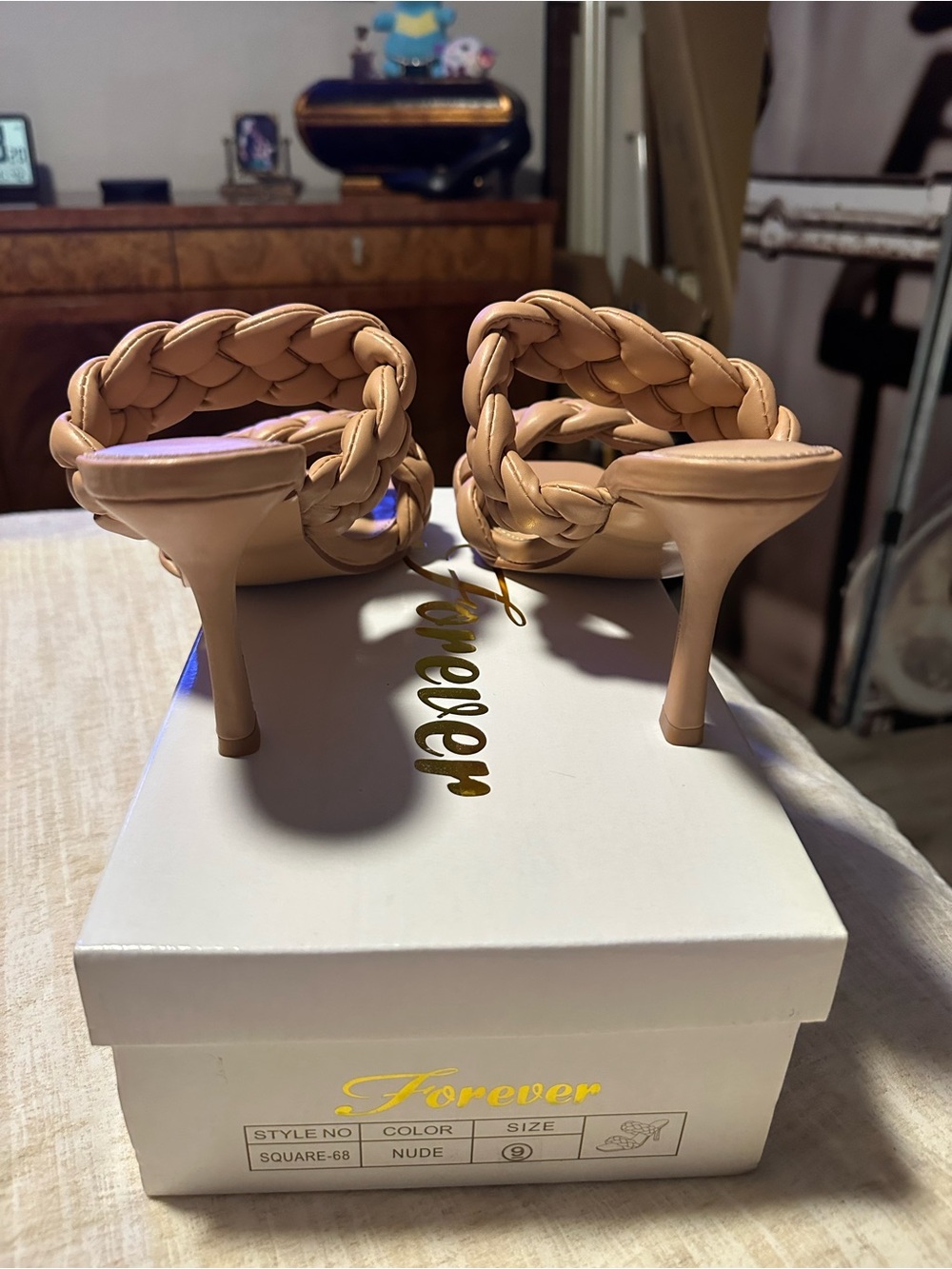 Forever Square 68 Nude Braided Heeled Sandals With Square Toe & Slip-On 4” heel. - Picture 8 of 10